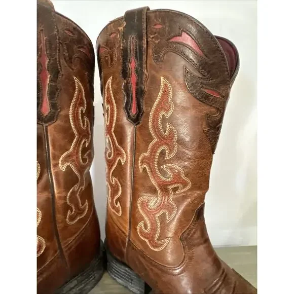 Ariat 10010937 Brown Leather Square Toe Cowboy Boots ATS . Men's Size 9 C EUC